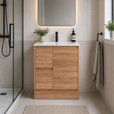 Sierra Series Left Hand Drawer Freestanding Natural Timber Overall 730x355x855mm Vanity with Ceramic Slimline Top (UV32)