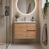 Sierra Series Wall Hung Right Hand Drawer Natural Timber 730x355x520mm Vanity with Ceramic Slimline Top (UV32)