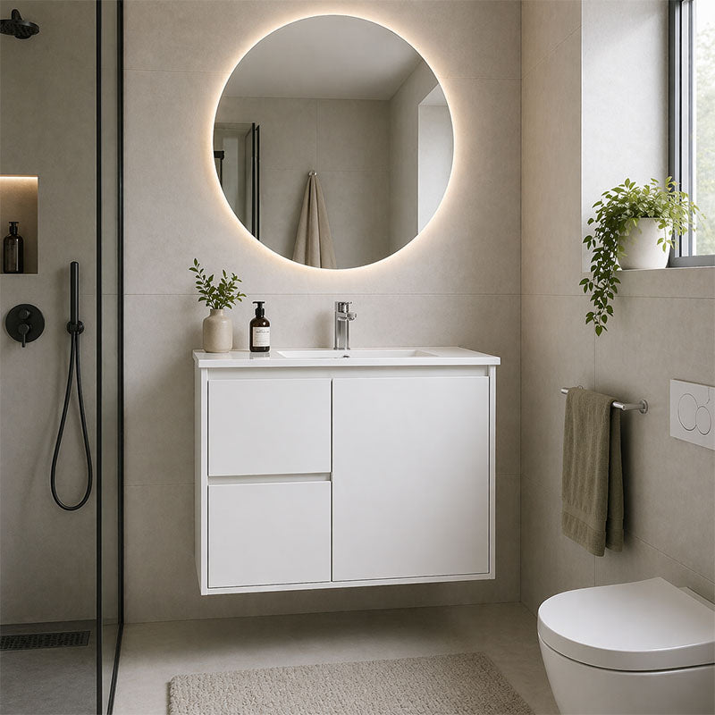 Sierra Series Wall Hung Left Hand Drawer Gloss White 730x355x520mm Vanity with Ceramic Slimline Top (UV32)