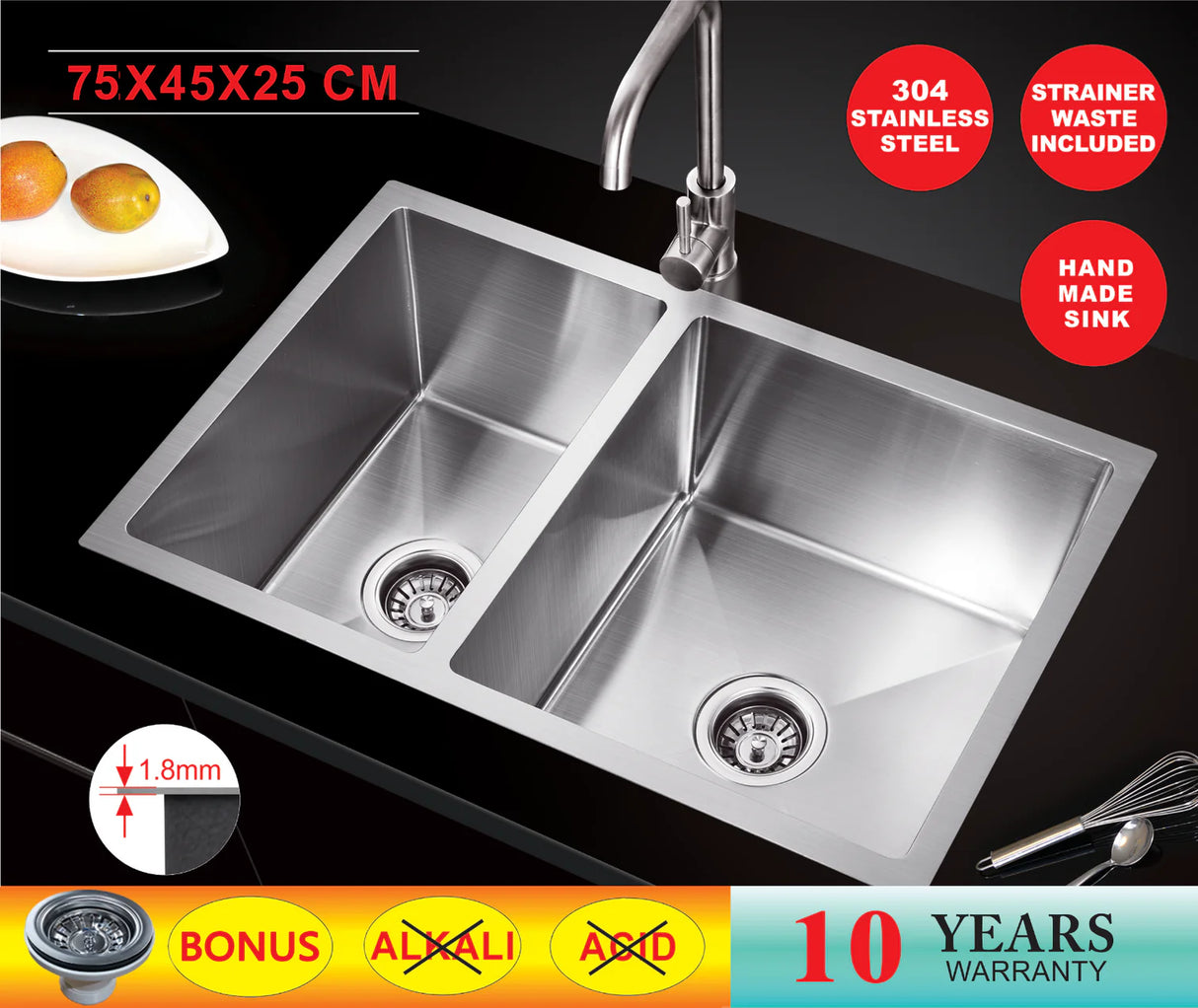 Double Bowl Sink Deep Brushed Silver 750x450x250mm