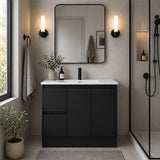 Sierra Series Left Hand Drawer Freestanding Matt Black Overall 880X355X855mm Vanity Set With Ceramic Slimline Top (UV32)
