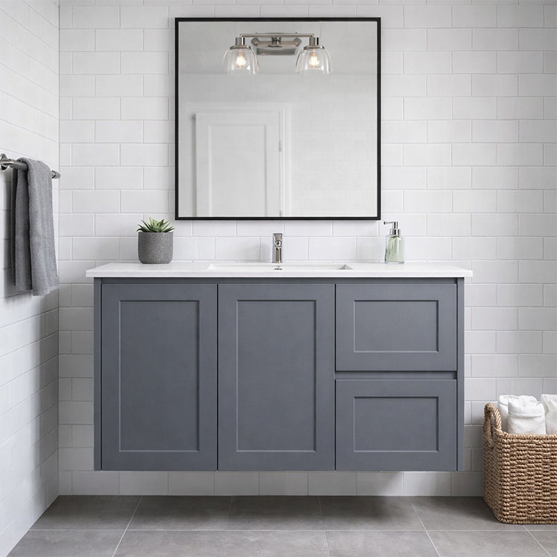 Vintage (Hung) Series Single Bowl Right Hand Drawer Matt Grey Overall 900mm Vanity Set With Flat Stone Bench Top