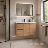 Sierra Series Wall Hung Left Hand Drawer Natural Timber 880x355x520mm Vanity with Ceramic Slimline Top (UV32)