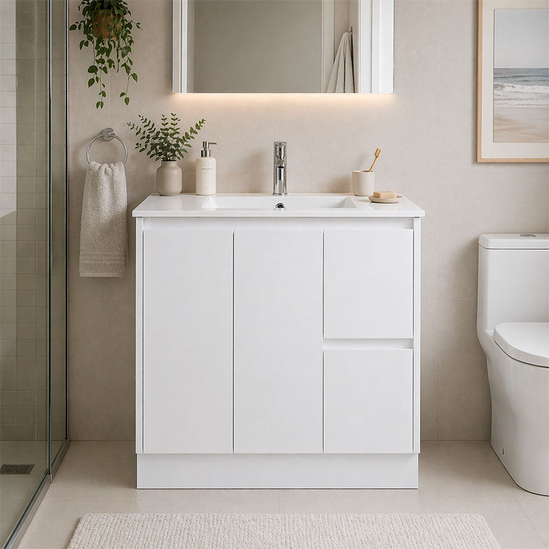 Sierra Series Right Hand Drawer Freestanding Gloss White Overall 880x355x855mm Vanity with Ceramic Slimline Top (UV32)