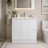 Sierra Series Right Hand Drawer Freestanding Gloss White Overall 880x355x855mm Vanity with Ceramic Slimline Top (UV32)