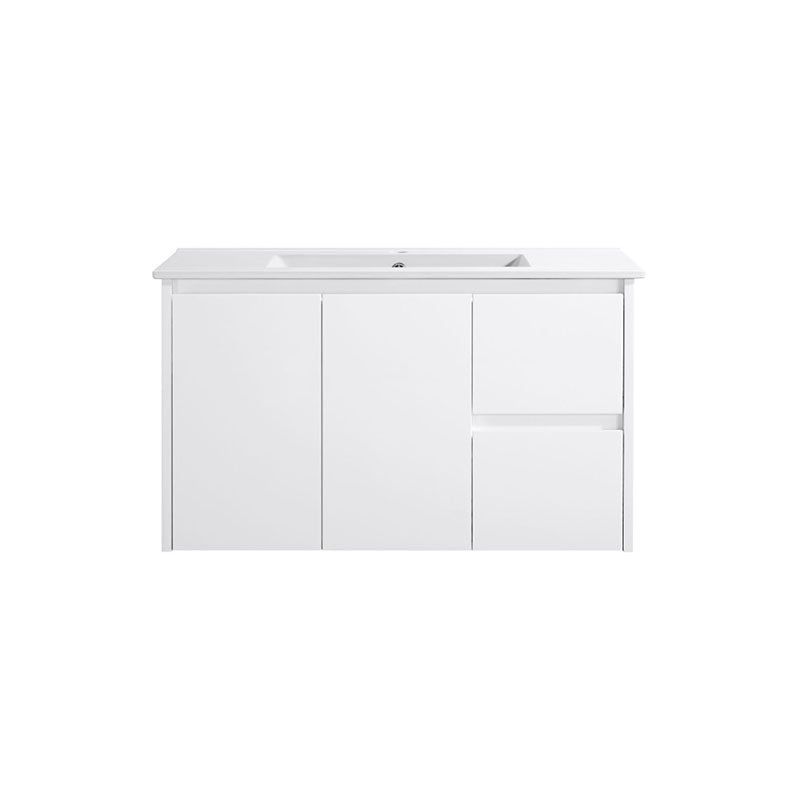 Sierra Series Wall Hung Right Hand Drawer Matt White 880x355x520mm Vanity with Ceramic Slimline Top (UV32)