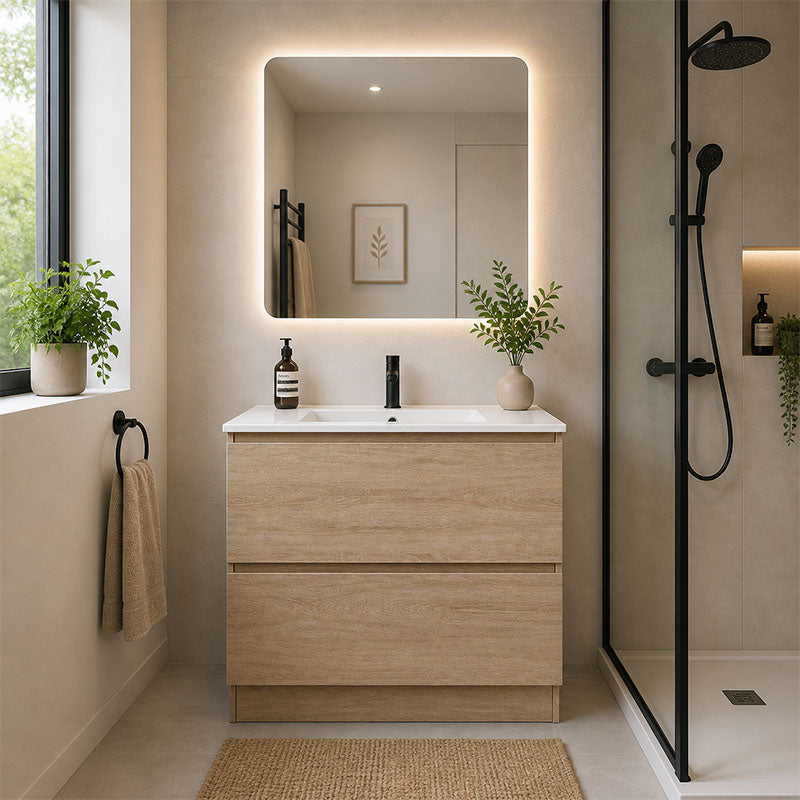 Moddra Series Natural Timber Overall 880x450x855mm Vanity Set With Flat Stone Bench Top