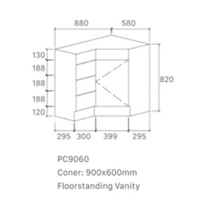 Corner Series (PC60) Gloss White 880x580x820mm Back to Corner Vanity with Poly Marble Top (CN)