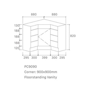 Corner Series (PC60) Gloss White 880x880x820mm Back to Corner Vanity with Stone Top & Ceramic Undermount Basin