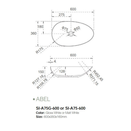 Solid Surface Basin Series Abel Above Counter Gloss White 600x350x160mm