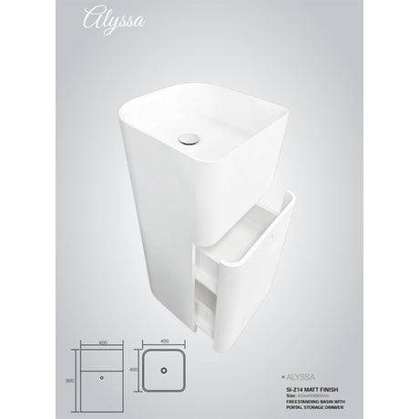 Solid Surface Basin Series Alyssa Freestanding With Portal Storage Drawer Matt White 400x400x900mm