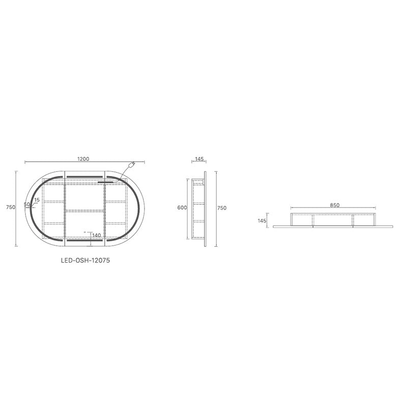 LED Amber Collection Oval Shaving Cabinet Matt White 1200x750x145mm