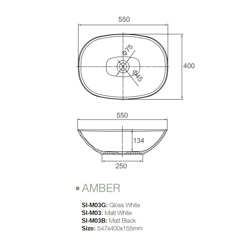 Solid Surface Basin Series Amber Above Counter Gloss White 547x400x155mm