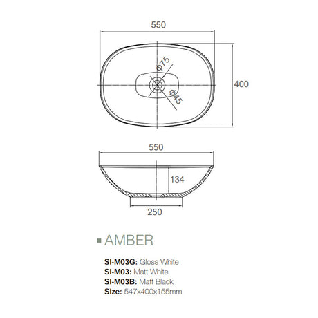 Solid Surface Basin Series Amber Above Counter Gloss White 547x400x155mm