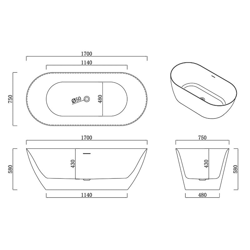 Amelia Bathtub Gloss White Overflow 1700x750x580mm