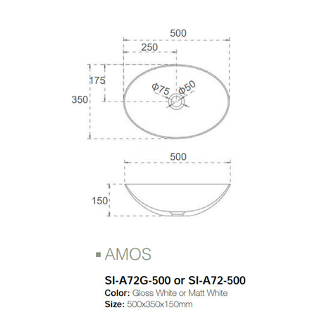Solid Surface Basin Series Amos Above Counter Gloss White 500x350x150mm