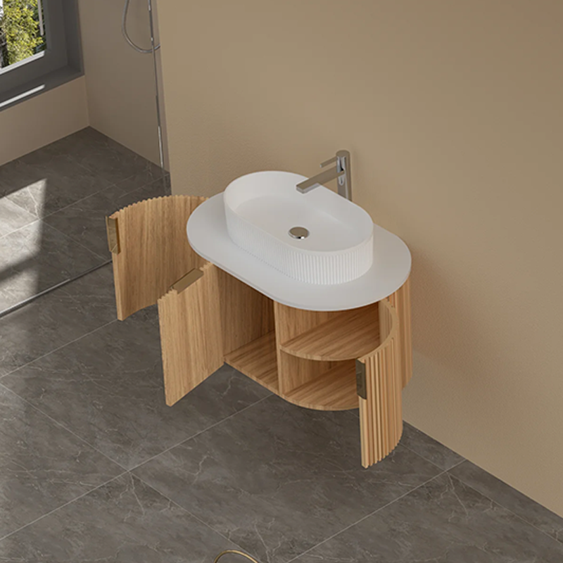 Carysil Fluted Wall Hung Vanity Walnut (Stone Top and Black Handle Included) 750mm