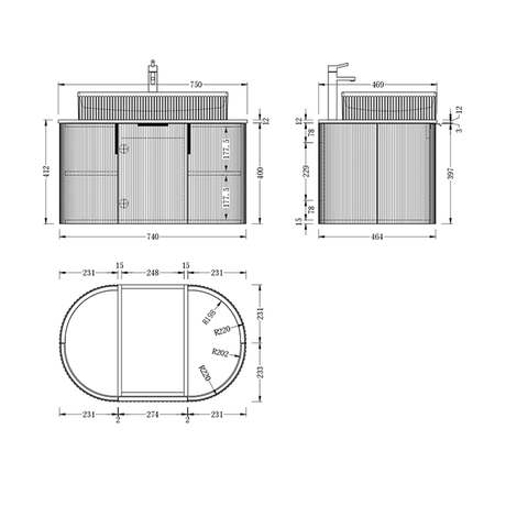 Carysil Fluted Wall Hung Vanity Walnut (Stone Top and Black Handle Included) 750mm