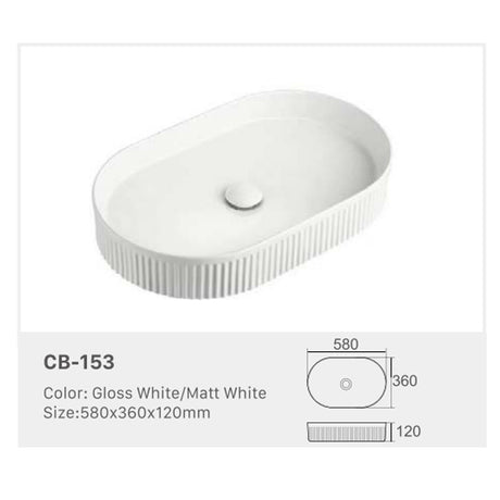Ceramic Basin Series Above Counter Grooved Matt White 580x360x120mm