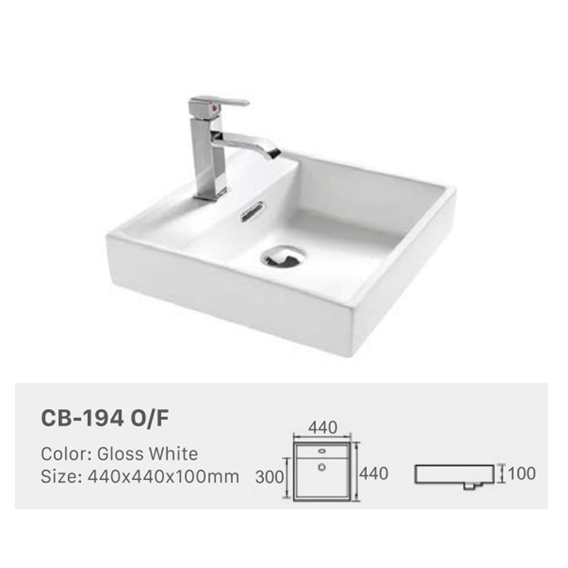 Ceramic Basin Series Above Counter With Overflow Gloss White 440x440x100mm