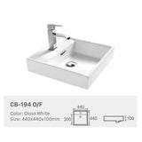 Ceramic Basin Series Above Counter With Overflow Gloss White 440x440x100mm
