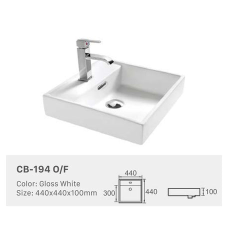 Ceramic Basin Series Above Counter No Overflow Gloss White 440x440x100mm