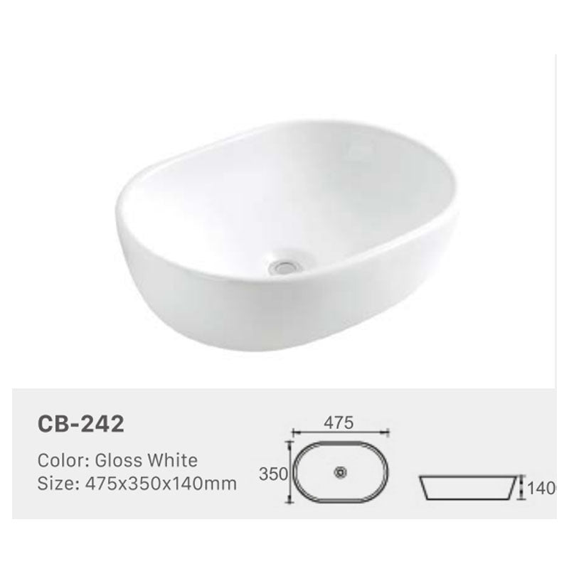 Ceramic Basin Series Above Counter Gloss White 475x350x140mm
