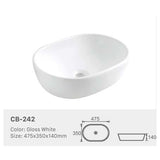 Ceramic Basin Series Above Counter Gloss White 475x350x140mm