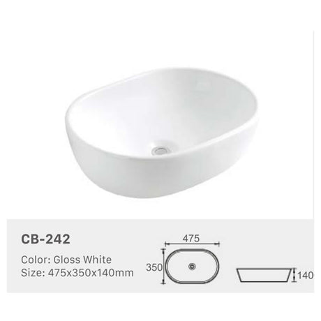 Ceramic Basin Series Above Counter Gloss White 475x350x140mm