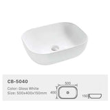 Ceramic Basin Series Above Counter Gloss White 500x400x150mm