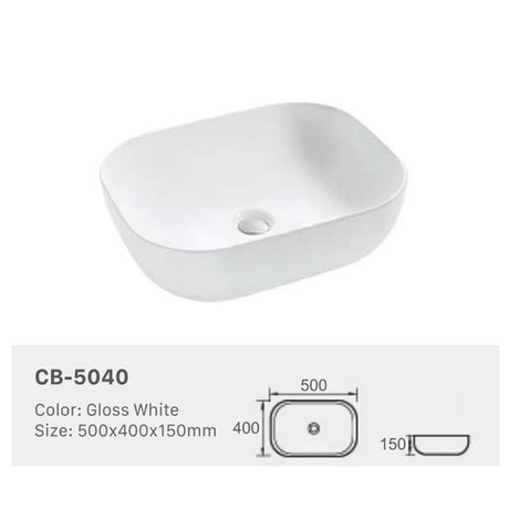 Ceramic Basin Series Above Counter Gloss White 500x400x150mm