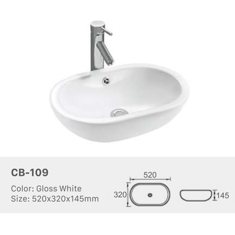 Ceramic Basin Series Above Counter Gloss White 520x320x145mm