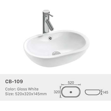 Ceramic Basin Series Above Counter Gloss White 520x320x145mm