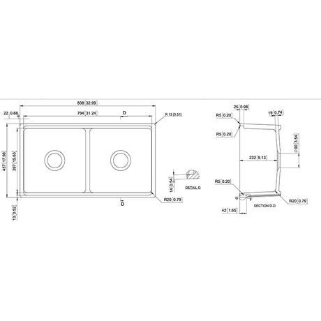Carysil Fine Fireclay Double Bowl 838x457x232mm