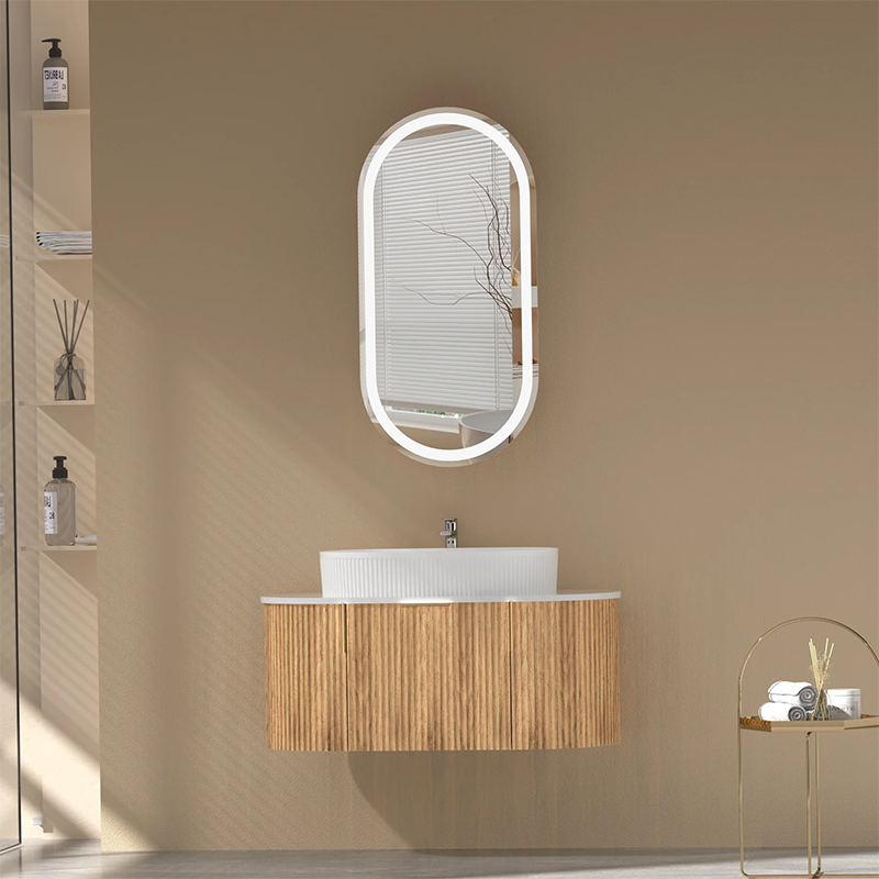 Carysil Fluted Wall Hung Vanity Walnut (Stone Top and Black Handle Included) 900mm
