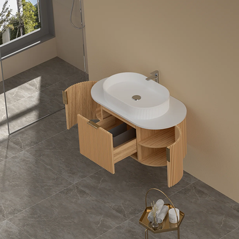 Carysil Fluted Wall Hung Vanity Walnut (Stone Top and Black Handle Included) 900mm