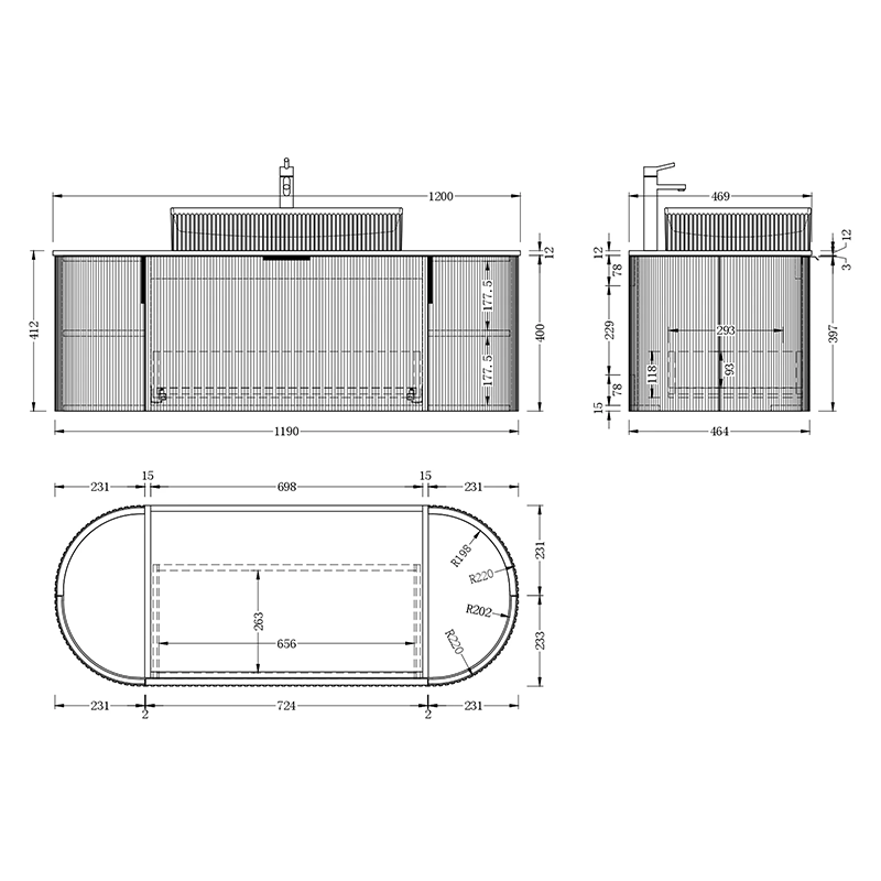 Carysil Fluted Wall Hung Vanity Matte White (Stone Top and Black Handle Included) 1200mm
