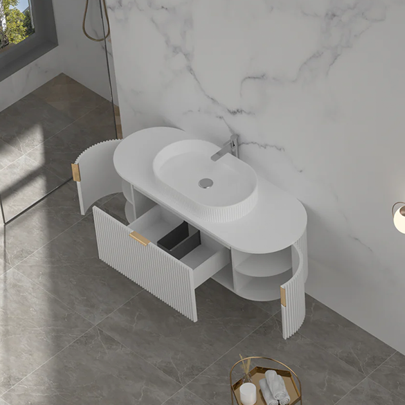 Carysil Fluted Wall Hung Vanity Matte White (Stone Top and Black Handle Included) 1200mm