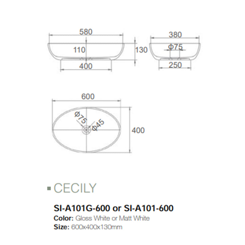 Solid Surface Basin Series Cecily Above Counter Matt White 600x400x130mm