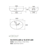 Solid Surface Basin Series Cecily Above Counter Matt White 600x400x130mm