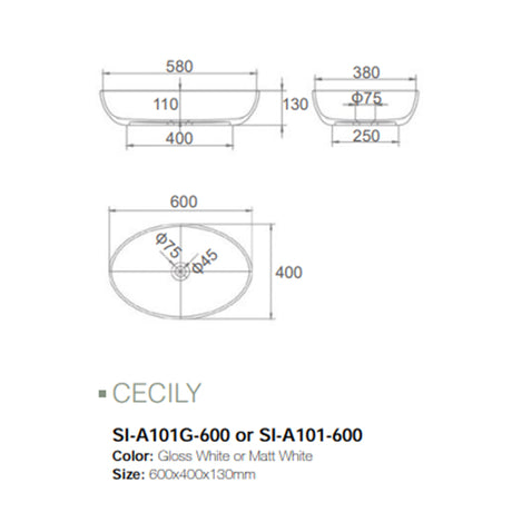 Solid Surface Basin Series Cecily Above Counter Gloss White 600x400x130mm