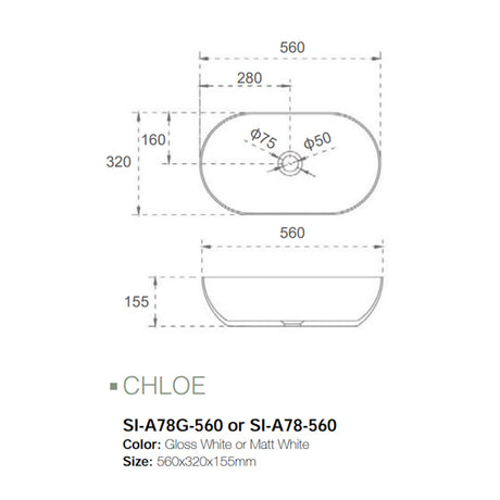 Solid Surface Basin Series Chloe Above Counter Gloss White 560x320x155mm