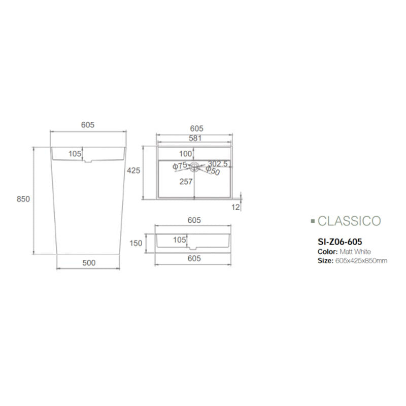Solid Surface Basin Series Classico Freestanding Matt White 605x425x850mm