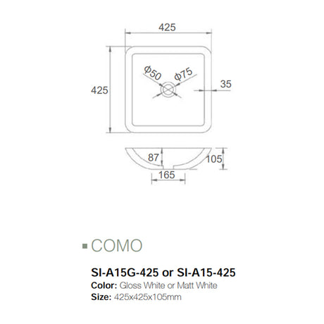 Solid Surface Basin Series Como Above Counter Gloss White 425x425x105mm