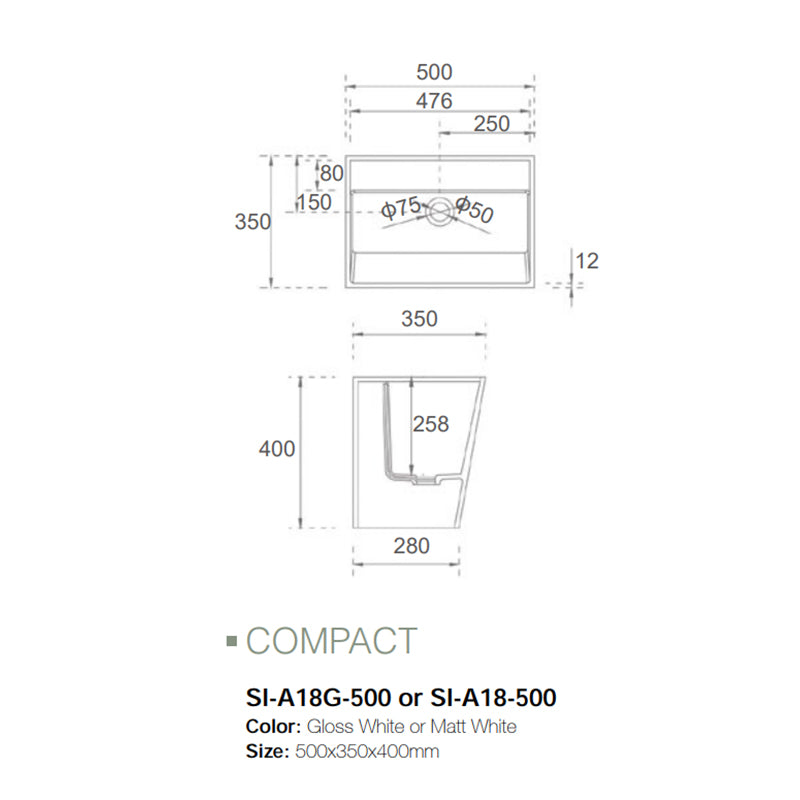 Solid Surface Basin Series Compact Wall Mounted Gloss White 500x350x400mm