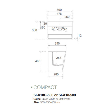 Solid Surface Basin Series Compact Wall Mounted Matt White 500x350x400mm