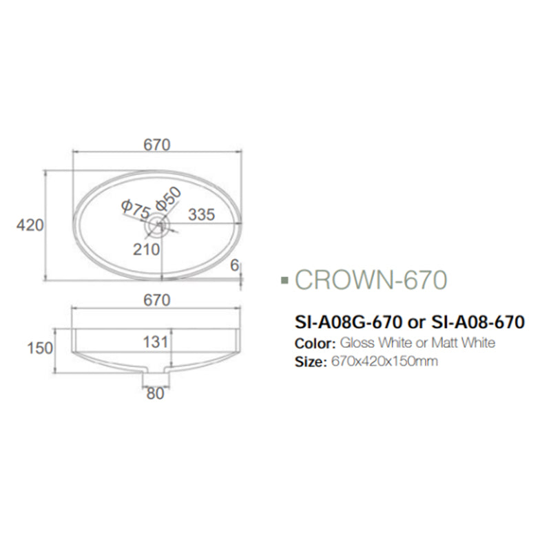 Solid Surface Basin Series Crown Above Counter Matt White 670x420x150mm