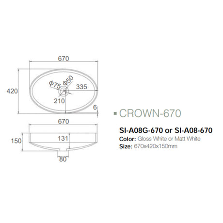 Solid Surface Basin Series Crown Above Counter Gloss White 670x420x150mm