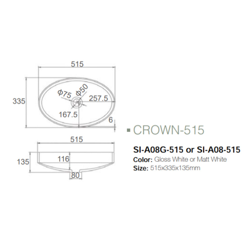 Solid Surface Basin Series Crown Above Counter Matt White 515x335x135mm
