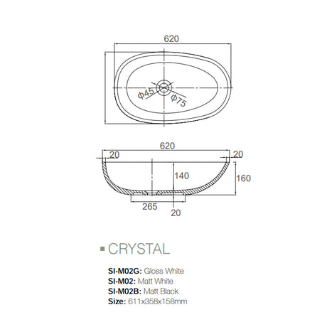 Solid Surface Basin Series Crystal Above Counter Gloss White 611x358x158mm